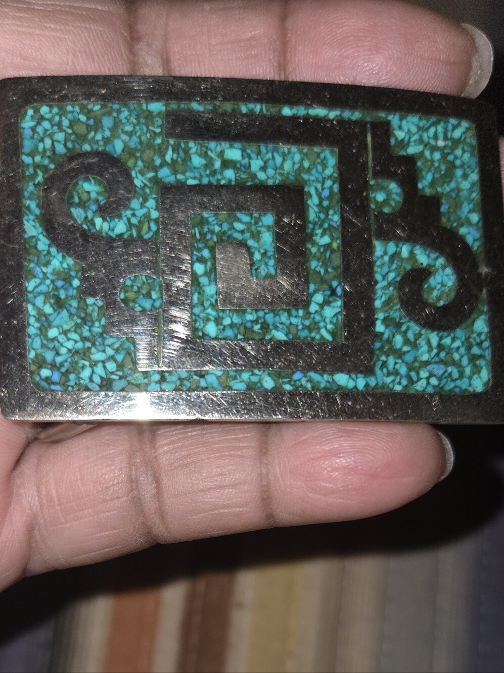 Turquoise and Silver Inlay Rectangular Belt Buckle